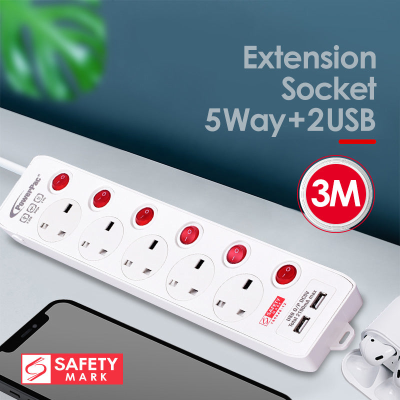 Power 5 Way Extension Cord 3M with Dual USB Power(PP135U)