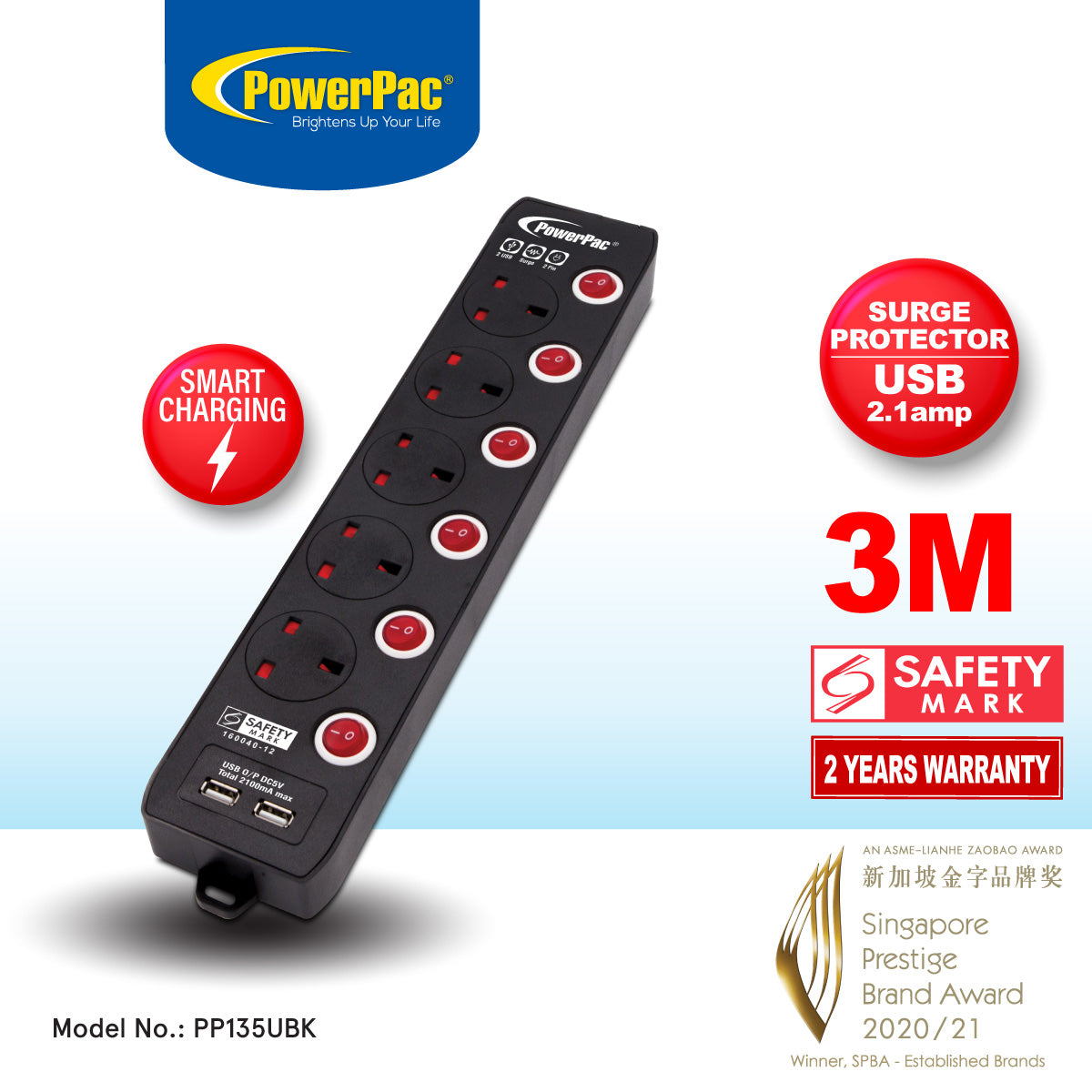 Extension Cord, Extension Socket, Power Cord 3 Meter 5 way with Dual USB Charger (PP135UBK)
