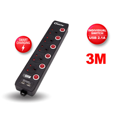 Extension Cord, Extension Socket, Power Cord 3 Metre 5 way with Dual USB Charger (PP135UBK)