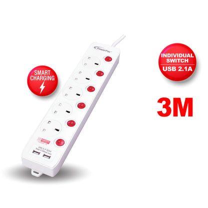 Extension Cord, Extension Socket, Power Cord 3 Metre 5 way with Dual USB Charger (PP135U)