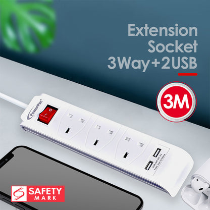 Extension Cord, Extension Socket, Power Cord with 2x USB charger 3 way 3M (PP233U)