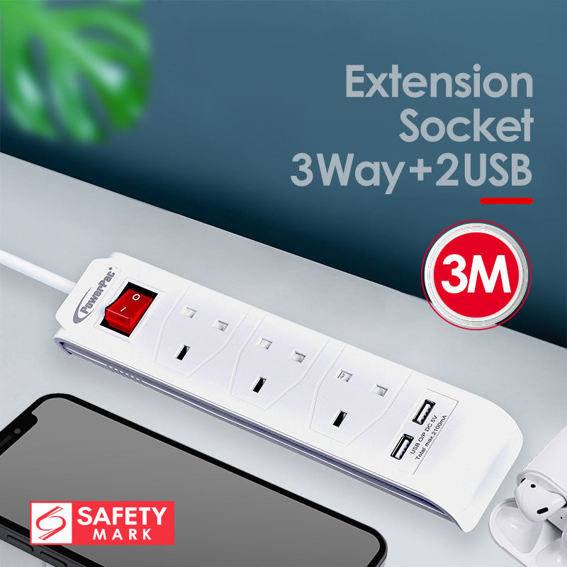 3 Way Extension Cord 3M with 2x USB charger. (PP233U)
