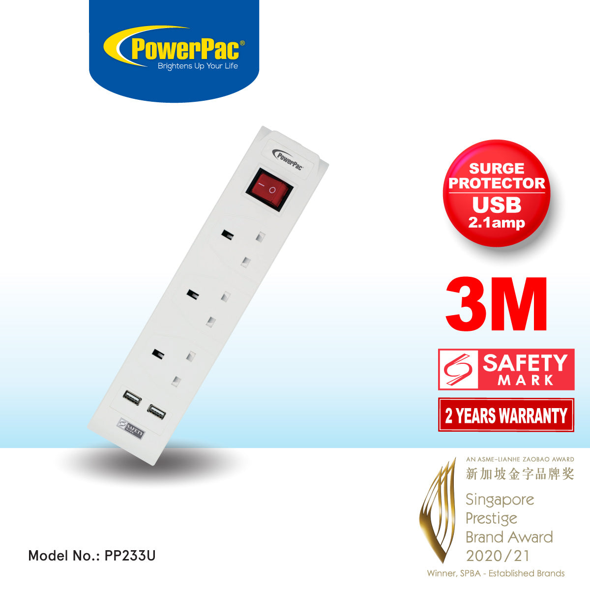 Extension Cord, Extension Socket, Power Cord with 2x USB charger 3 way 3M (PP233U)