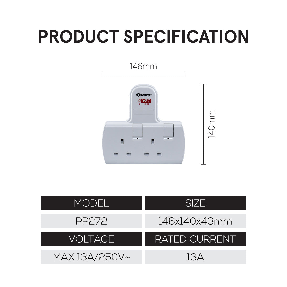 Multi Plug Extension Adapter with 2 Way adapter, 2 Way Socket Adaptor (PP272WH)