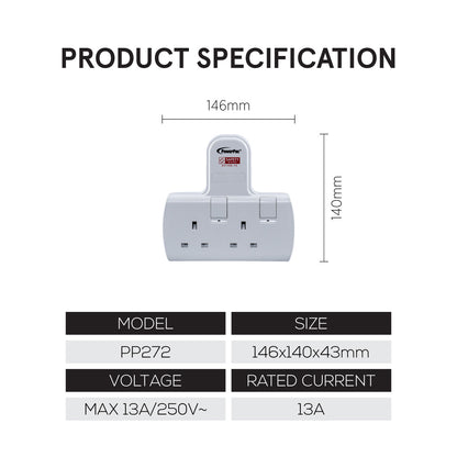 Multi Plug Extension Adapter with 2 Way adapter, 2 Way Socket Adaptor (PP272WH)