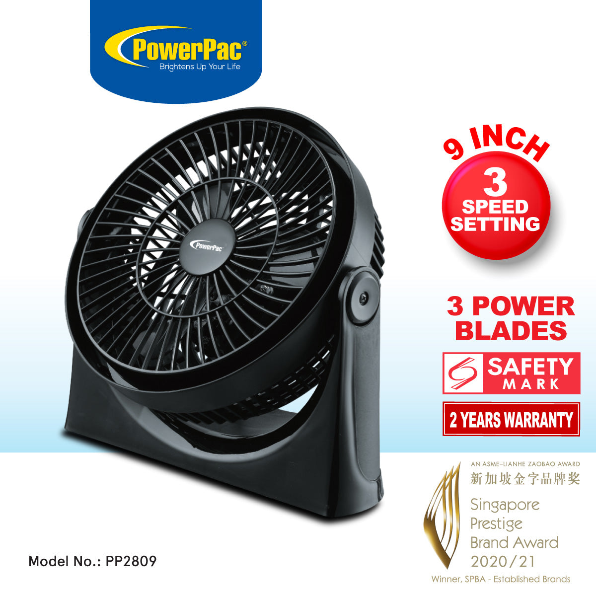 9" Air Circulator Fan – High Velocity, Powerful Airflow, Adjustable Tilt, Thermal Fuse Protection, 3-Speed, black, PP2809
