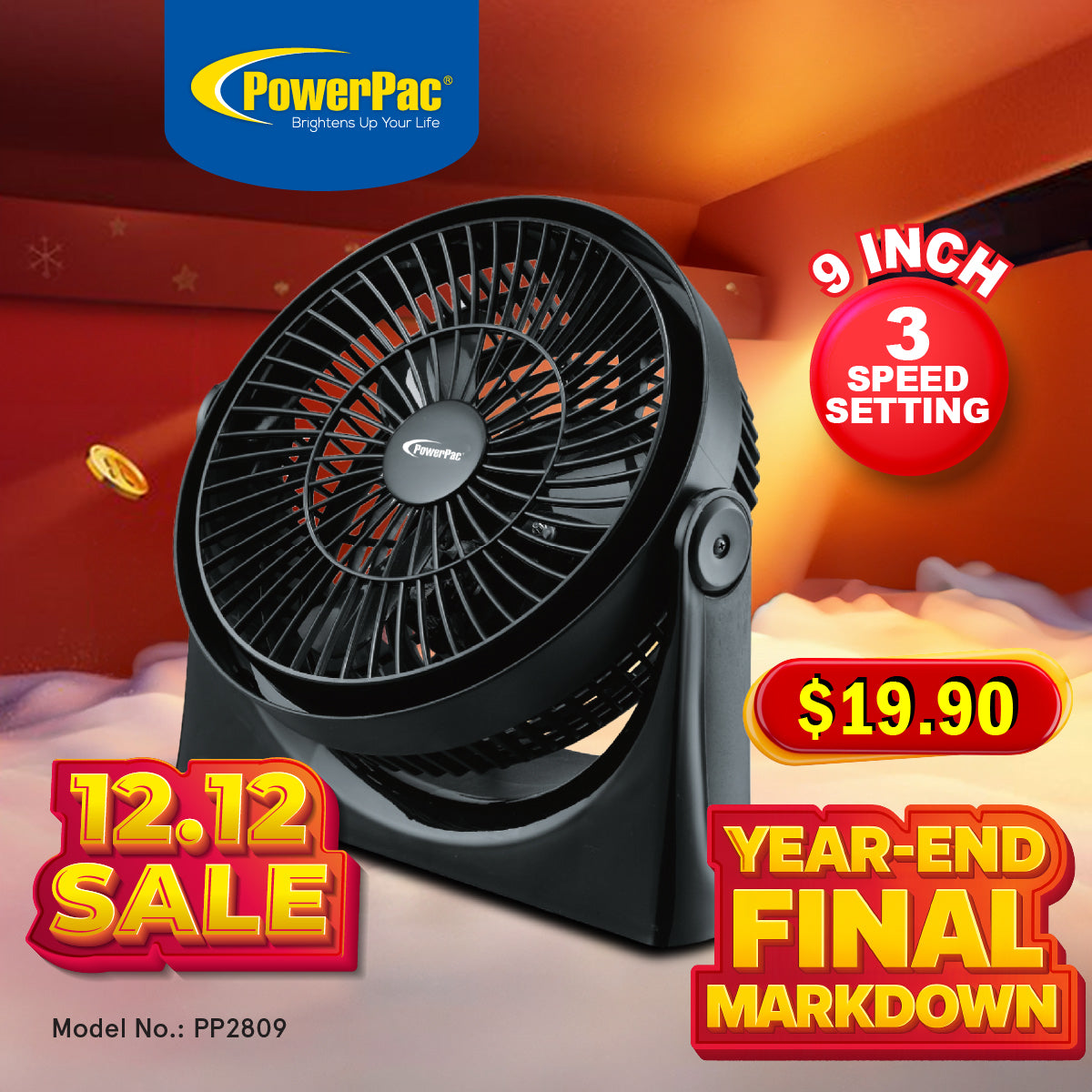 9" Air Circulator Fan – High Velocity, Powerful Airflow, Adjustable Tilt, Thermal Fuse Protection, 3-Speed, black, PP2809