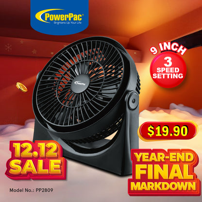 9" Air Circulator Fan – High Velocity, Powerful Airflow, Adjustable Tilt, Thermal Fuse Protection, 3-Speed, black, PP2809