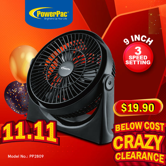 9" Air Circulator Fan – High Velocity, Powerful Airflow, Adjustable Tilt, Thermal Fuse Protection, 3-Speed, black, PP2809