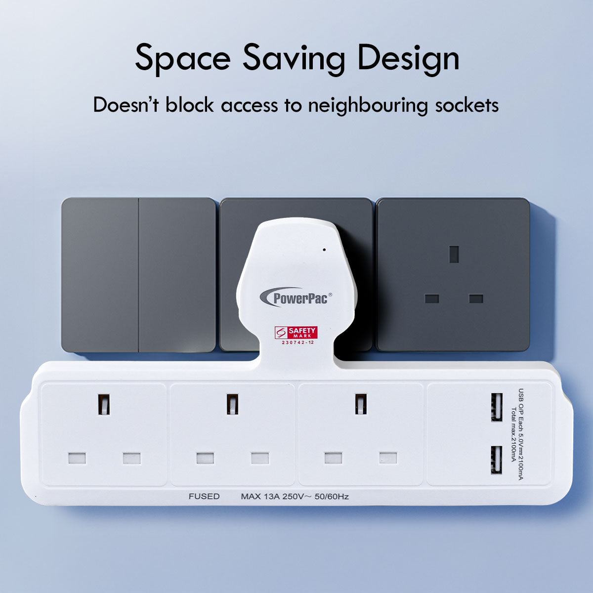 Multi Plug Extension Adapter with 3 Way, 2x USB-A, Power Extension Socket Adaptor (PP288U)