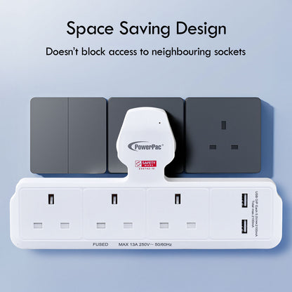 Multi Plug Extension Adapter with 3 Way, 2x USB-A, Power Extension Socket Adaptor (PP288U)