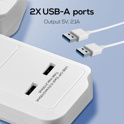 Multi Plug Extension Adapter with 3 Way, 2x USB-A, Power Extension Socket Adaptor (PP288U)