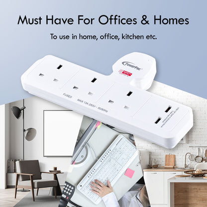 Multi Plug Extension Adapter with 3 Way, 2x USB-A, Power Extension Socket Adaptor (PP288U)