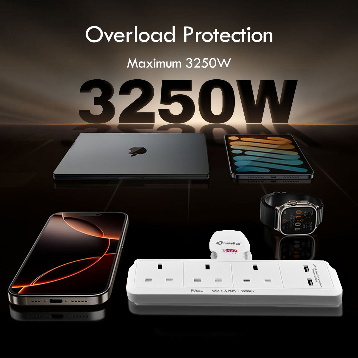 Multi Plug Extension Adapter with 3 Way, 2x USB-A, Power Extension Socket Adaptor (PP288U)