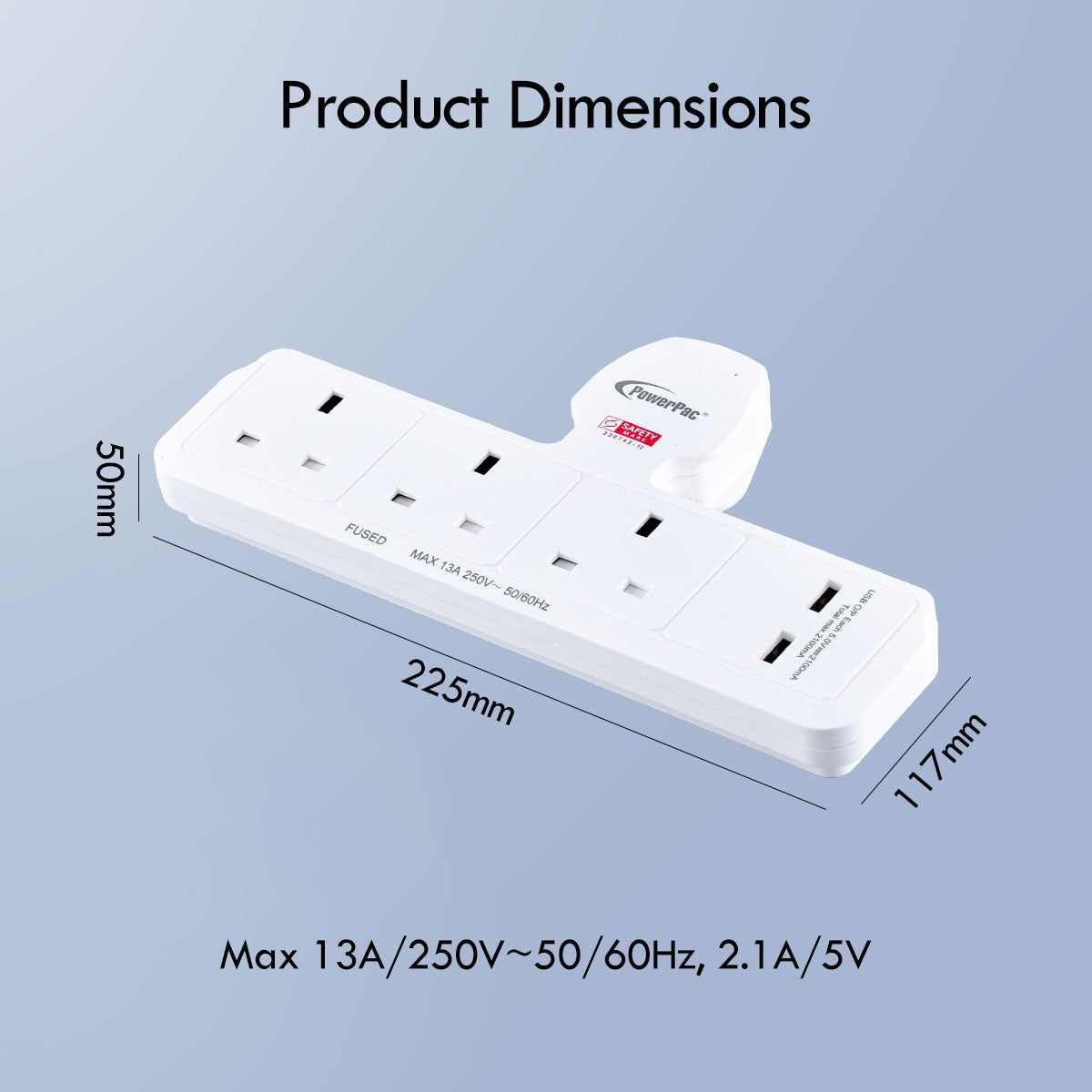 Multi Plug Extension Adapter with 3 Way, 2x USB-A, Power Extension Socket Adaptor (PP288U)