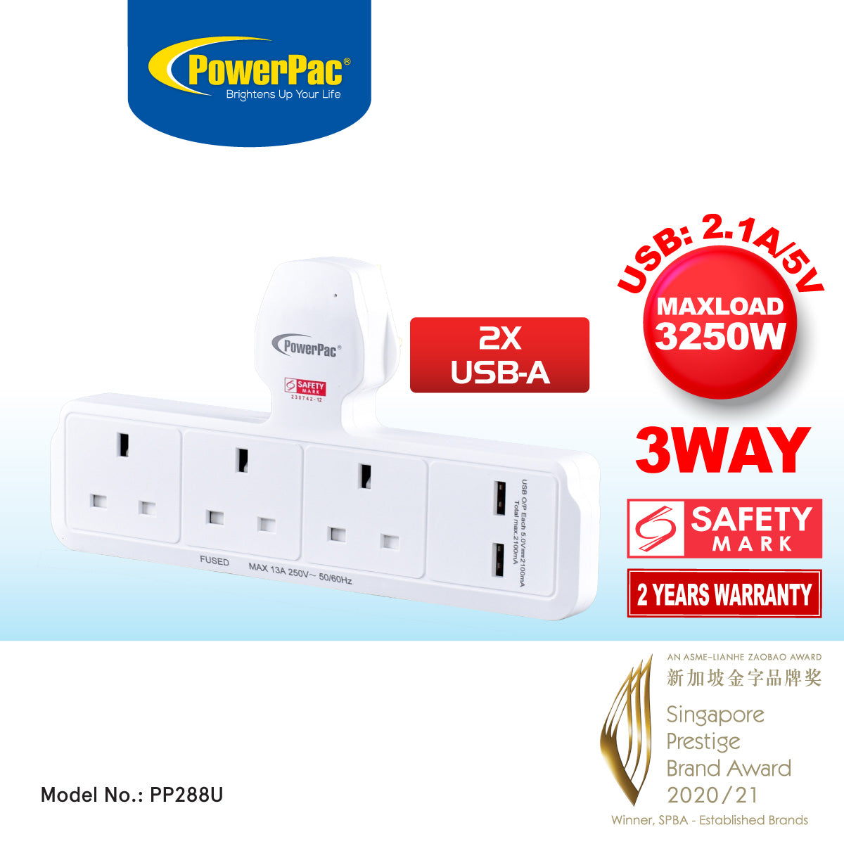 Multi Plug Extension Adapter with 3 Way, 2x USB-A, Power Extension Socket Adaptor (PP288U)