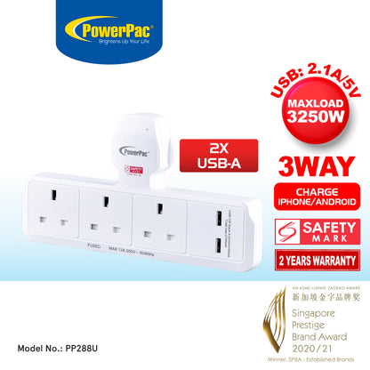 Multi Plug Extension Adapter with 3 Way, 2x USB-A, Power Extension Socket Adaptor (PP288U)