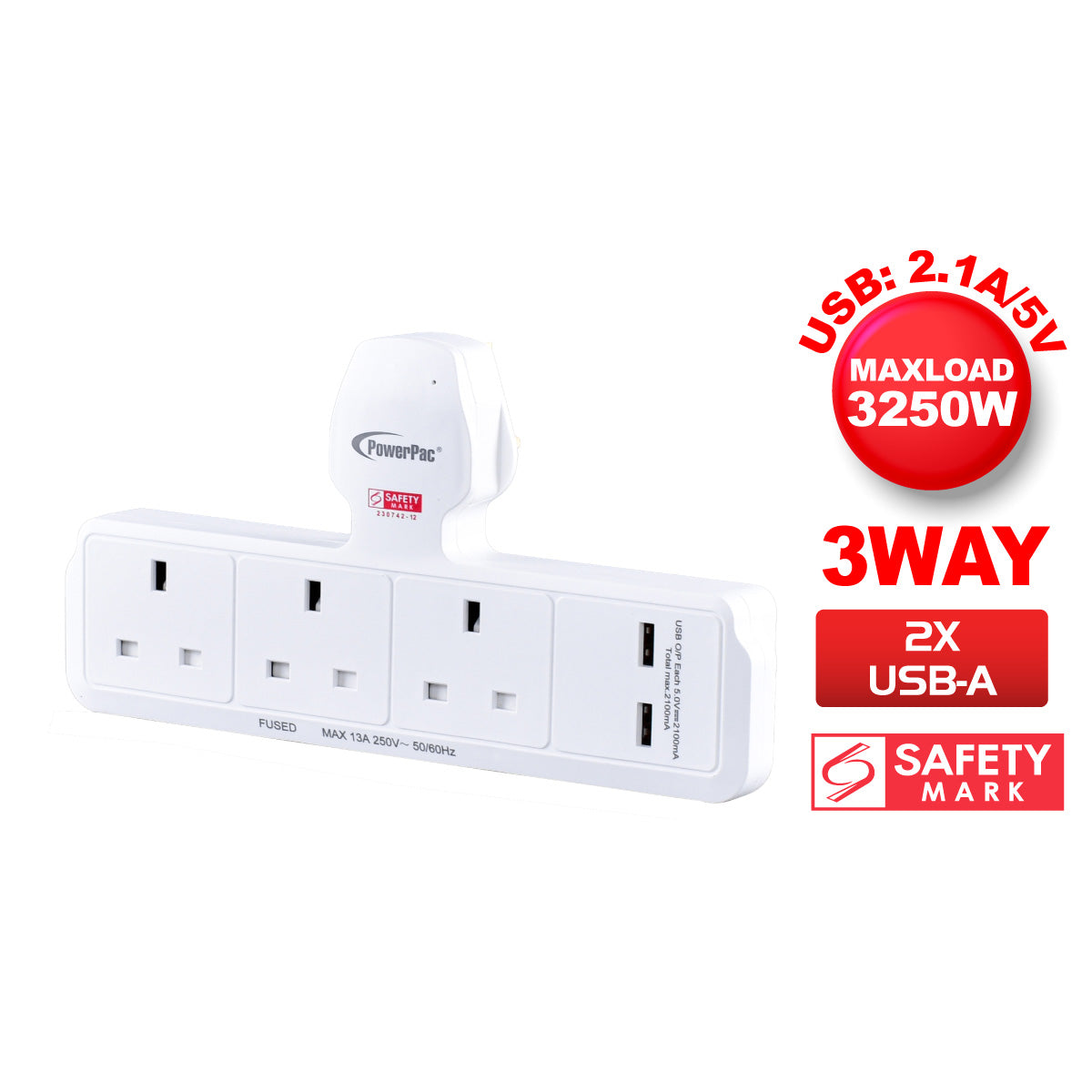 Multi Plug Extension Adapter with 3 Way, 2x USB-A, Power Extension Socket Adaptor (PP288U)