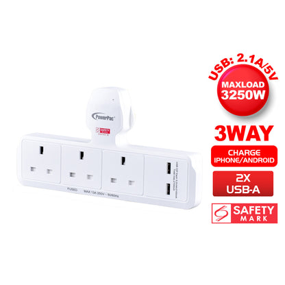 Multi Plug Extension Adapter with 3 Way, 2x USB-A, Power Extension Socket Adaptor (PP288U)