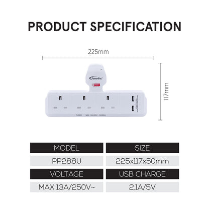 Multi Plug Extension Adapter with 3 Way, 2x USB-A, Power Extension Socket Adaptor (PP288U)