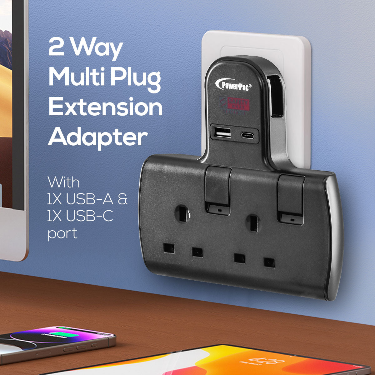 Multi Plug Extension Adapter with 2 Way adapter, USB-A, USB-C, 2 Way Socket Adaptor (PP292UBK)