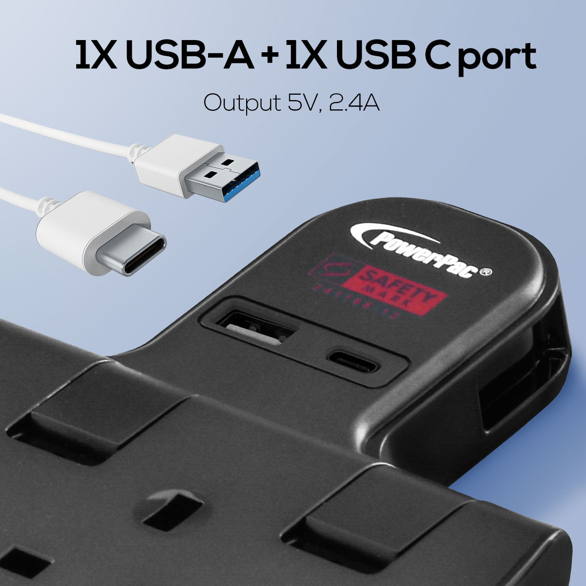 Multi Plug Extension Adapter with 2 Way adapter, USB-A, USB-C, 2 Way Socket Adaptor (PP292UBK)