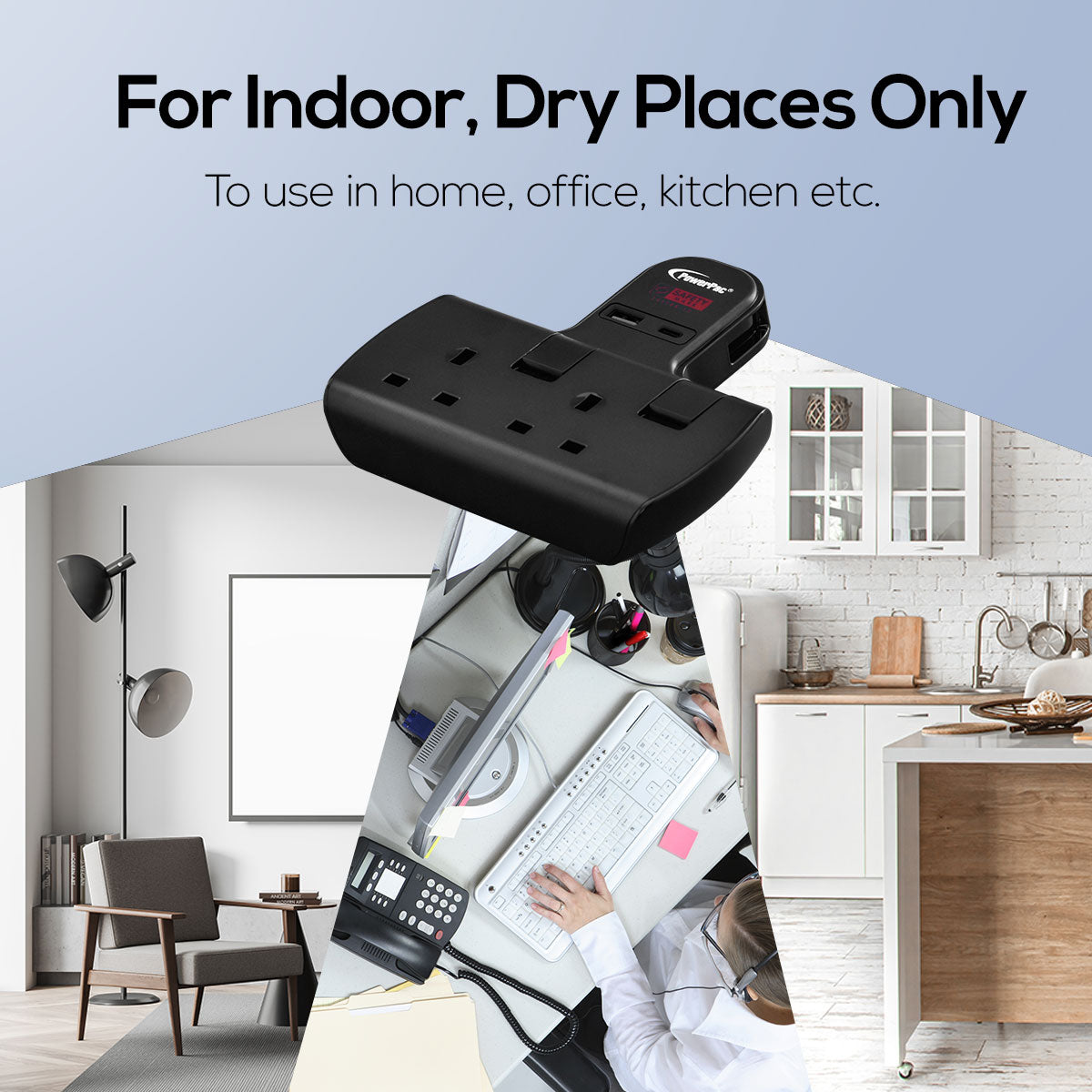 Multi Plug Extension Adapter with 2 Way adapter, USB-A, USB-C, 2 Way Socket Adaptor (PP292UBK)