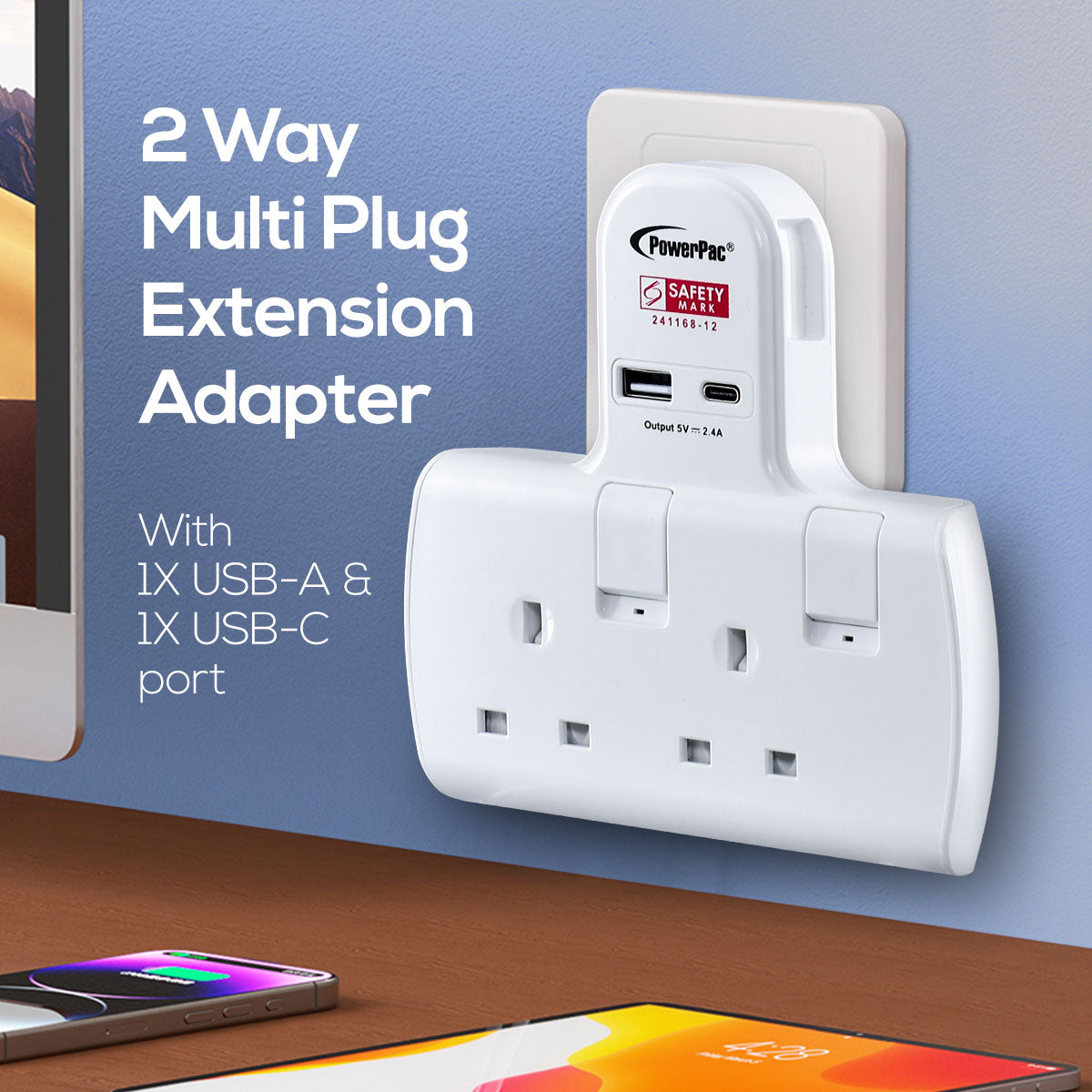 Multi Plug Extension Adapter with 2 Way adapter, USB-A, USB-C, 2 Way Socket Adaptor (PP292U)