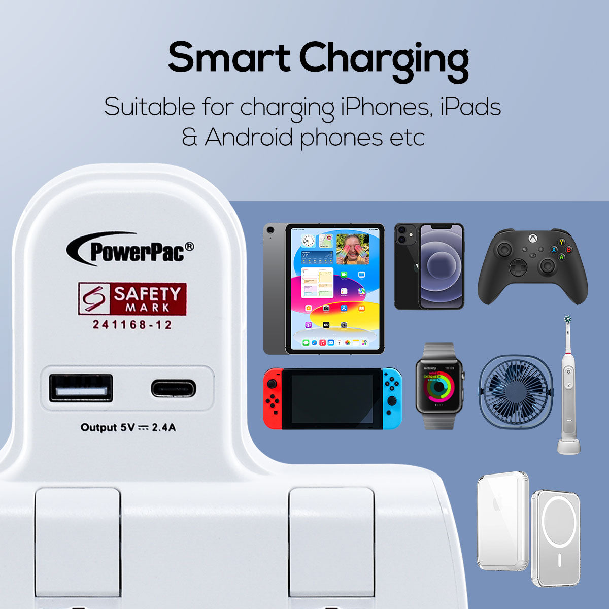 Multi Plug Extension Adapter with 2 Way adapter, USB-A, USB-C, 2 Way Socket Adaptor (PP292U)