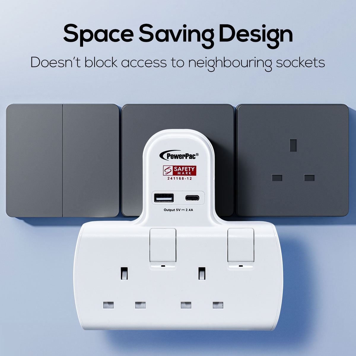 Multi Plug Extension Adapter with 2 Way adapter, USB-A, USB-C, 2 Way Socket Adaptor (PP292U)