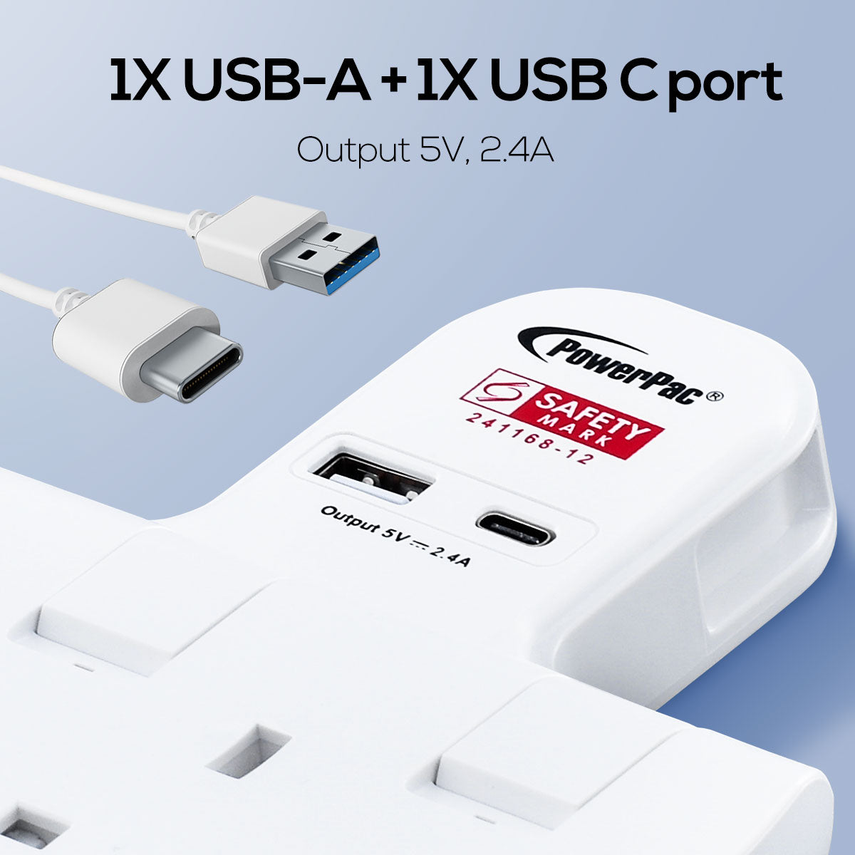 Multi Plug Extension Adapter with 2 Way adapter, USB-A, USB-C, 2 Way Socket Adaptor (PP292U)