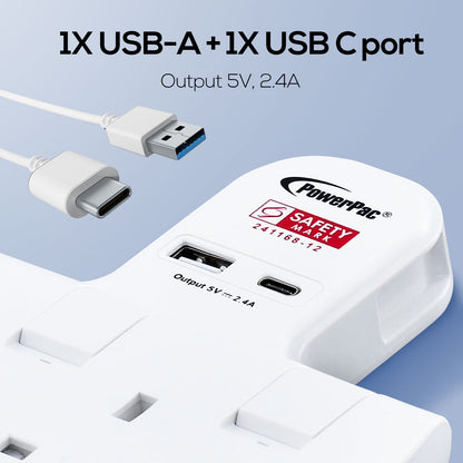 Multi Plug Extension Adapter with 2 Way adapter, USB-A, USB-C, 2 Way Socket Adaptor (PP292U)