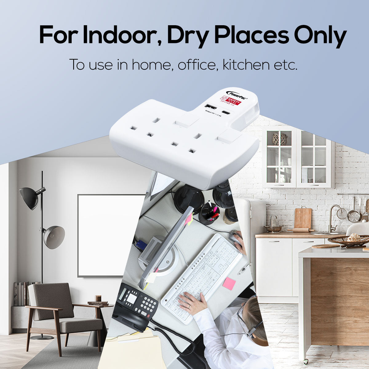 Multi Plug Extension Adapter with 2 Way adapter, USB-A, USB-C, 2 Way Socket Adaptor (PP292U)