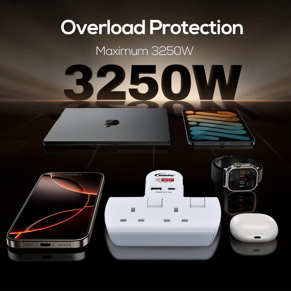Multi Plug Extension Adapter with 2 Way adapter, USB-A, USB-C, 2 Way Socket Adaptor (PP292U)