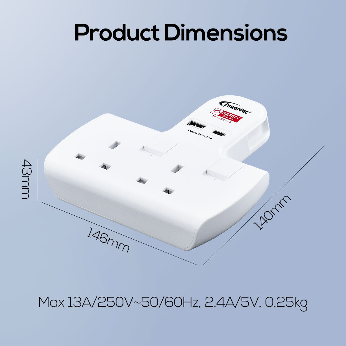 Multi Plug Extension Adapter with 2 Way adapter, USB-A, USB-C, 2 Way Socket Adaptor (PP292U)