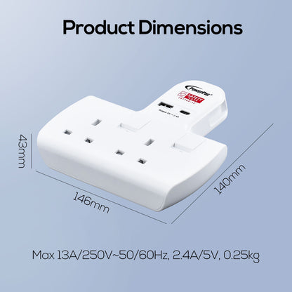 Multi Plug Extension Adapter with 2 Way adapter, USB-A, USB-C, 2 Way Socket Adaptor (PP292U)