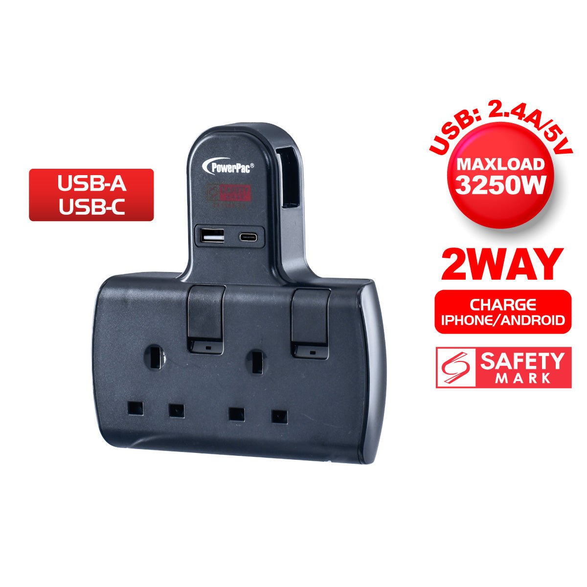 Multi Plug Extension Adapter with 2 Way adapter, USB-A, USB-C, 2 Way Socket Adaptor (PP292UBK)