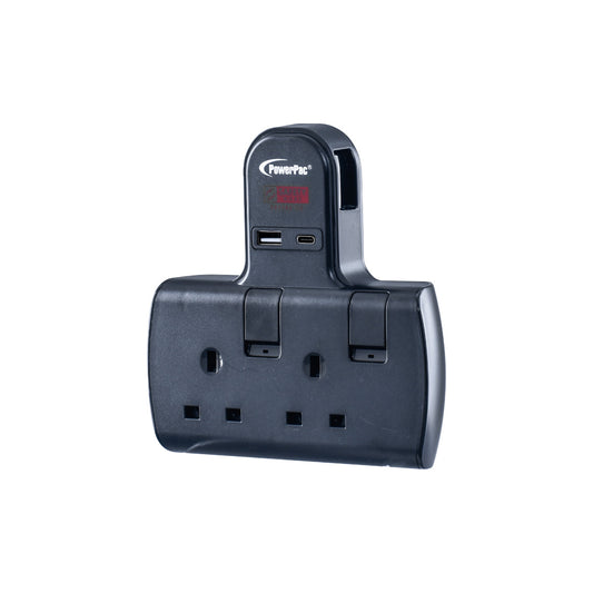 Multi Plug Extension Adapter with 2 Way adapter, USB-A, USB-C, 2 Way Socket Adaptor (PP292UBK)