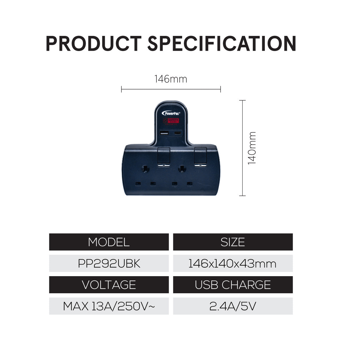 Multi Plug Extension Adapter with 2 Way adapter, USB-A, USB-C, 2 Way Socket Adaptor (PP292UBK)