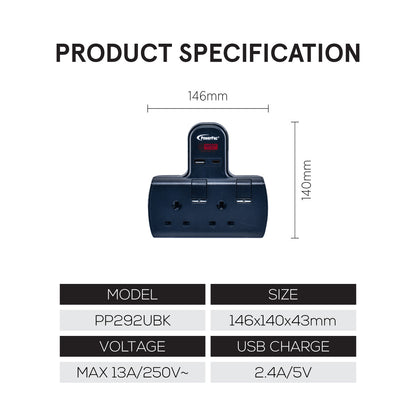 Multi Plug Extension Adapter with 2 Way adapter, USB-A, USB-C, 2 Way Socket Adaptor (PP292UBK)