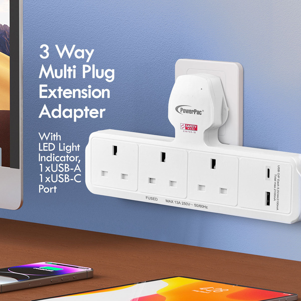 Multi Plug Extension Adapter with 3 Way, USB-A, USB-C, Power Extension Socket Adaptor (PP299U)