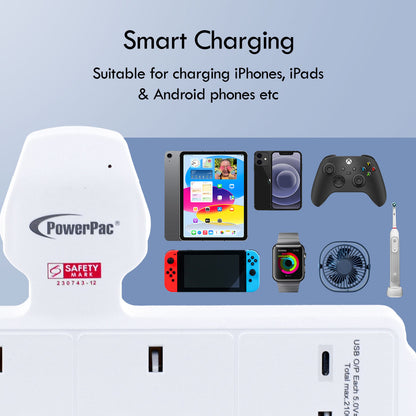Multi Plug Extension Adapter with 3 Way, USB-A, USB-C, Power Extension Socket Adaptor (PP299U)