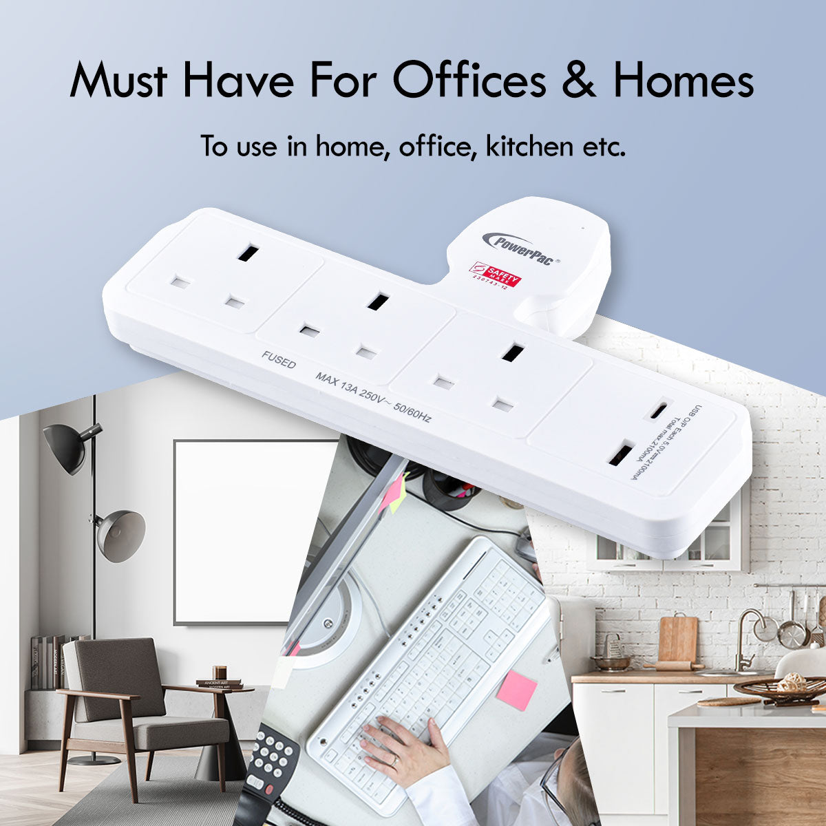 Multi Plug Extension Adapter with 3 Way, USB-A, USB-C, Power Extension Socket Adaptor (PP299U)