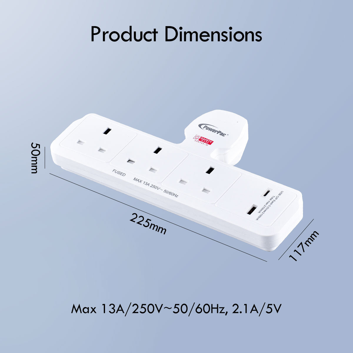 Multi Plug Extension Adapter with 3 Way, USB-A, USB-C, Power Extension Socket Adaptor (PP299U)