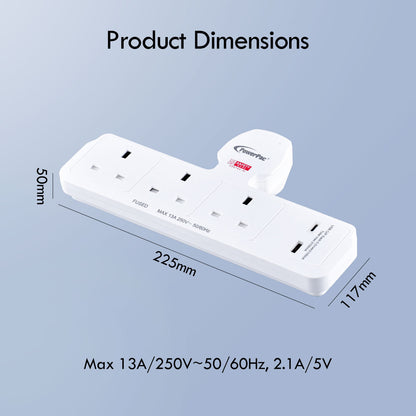 Multi Plug Extension Adapter with 3 Way, USB-A, USB-C, Power Extension Socket Adaptor (PP299U)