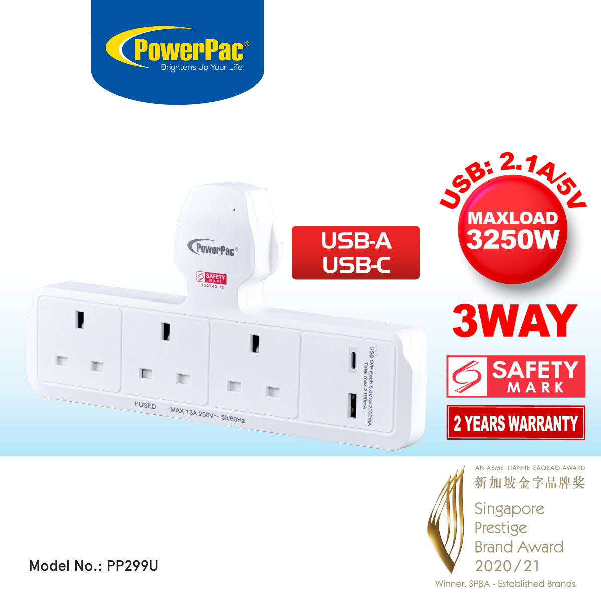 3 Way Adapter for 3 Pin Plug with USB Charger, 1x USB A, 1x USB C (PP299U)