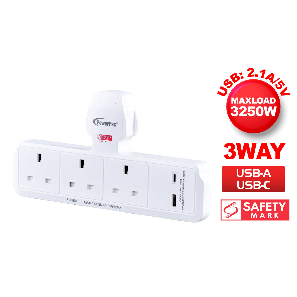 3 Way Adapter for 3 Pin Plug with USB Charger, 1x USB A, 1x USB C (PP299U)