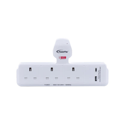 3 Way Adapter for 3 Pin Plug with USB Charger, 1x USB A, 1x USB C (PP299U)