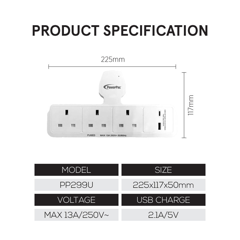 Pp2 Adapter Module 3 Way Adapter for 3 Pin Plug with USB Charger, 1x USB A, 1x USB C (PP2 ...