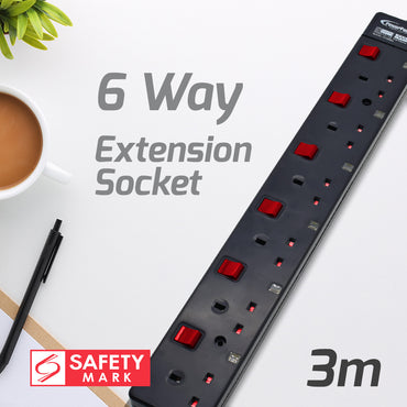 Extension Cord, Extension Socket, Power Cord, Power Extension 3 Metre 6 way (PP3886BK)